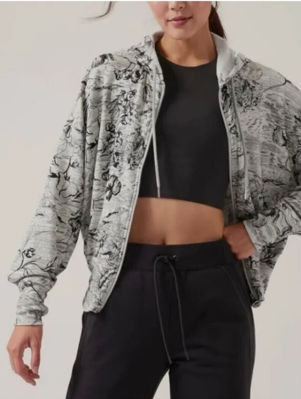 Athleta Balance Full-Zip Hoodie in the Eden Floral Grey pattern Size XS